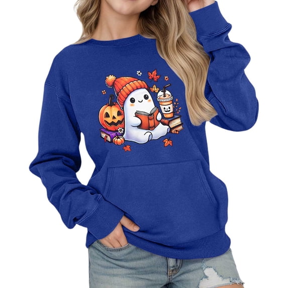 Gunia Boys Girls Halloween Ghost Sweatshirt Oversized Hoodies Cute Drop Shoulder Long Sleeve Pullover Sweatshirt With Pocket Casual Loose Fit Tops Fall Clothes Blue 11-12 Years