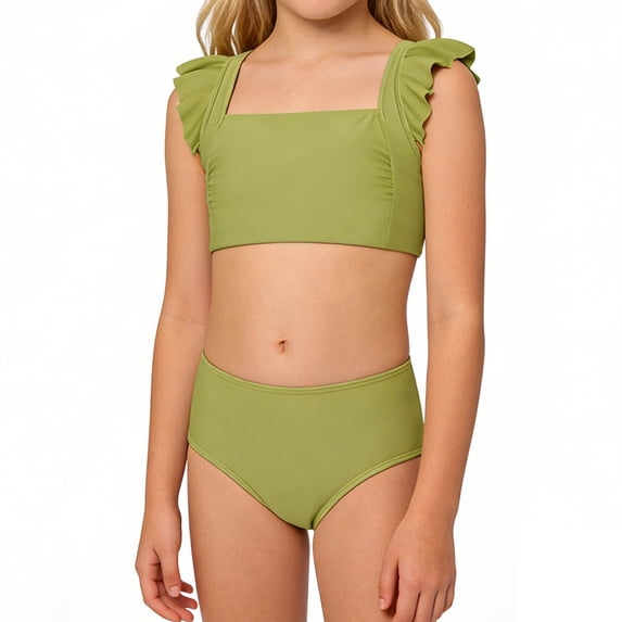 Gunia Teen Girl Swimsuit Two Piece Square Neck Ruffle Trim Solid Color Bathing With Flounce Girls' Swimwear For Holiday Beach Pool 7-16 Years