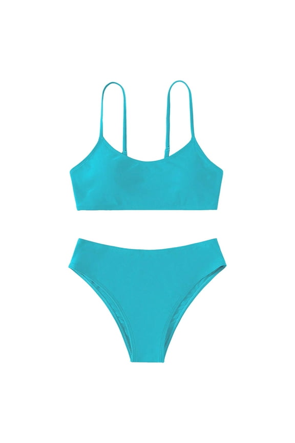 Teen Girl Swimsuits 2 Piece Sport Solid High Waist Bikini Set Bathing Suit Swimwear Poolside Blue 10-11 Years