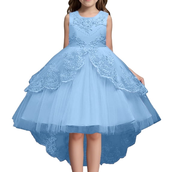 Gunia Teen Girls Formal Dress Solid Color Lace Sleeveless Knee Length Dress Wedding Light Blue Dress For Girls 3-15 Y