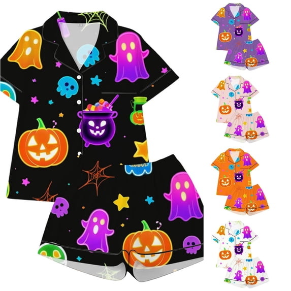 Gunia Teen Girls Halloween Pajama Set 2 Piece Button Up Short Sleeve Tops With Shorts Nightwear Pjs Sleepwear Black 11-12 Years