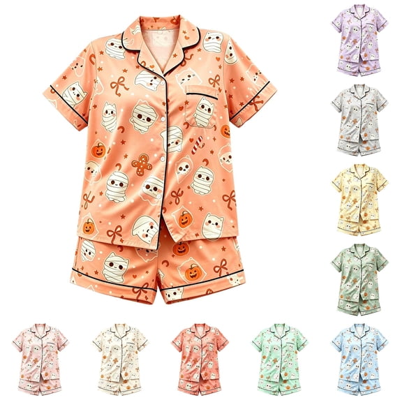 Gunia Teen Girls Halloween Pajama Set 2 Piece Spring Fall Casual Lapel Button Up Short Sleeve Tops And Shorts Home Wear Pjs Sleepwear Gold 13-14 Years