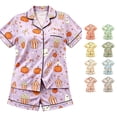 thumbnail image 1 of Gunia Teen Girls Halloween Pajamas Pumpkin Graphic 2 Piece Spring Fall Casual Lapel Button Up Short Sleeve Tops And Shorts Home Wear Pjs Loungewear Purple 12-13 Years, 1 of 4