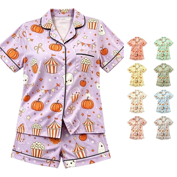 Gunia Teen Girls Halloween Pajamas Pumpkin Graphic 2 Piece Spring Fall Casual Lapel Button Up Short Sleeve Tops And Shorts Home Wear Pjs Loungewear Purple 12-13 Years