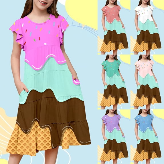 Gunia Girls Hawaiian Dress Sleeveless Casual Party Wear Ice Cream Print Tiered With Flutter Sleeves Kids Comfortable Elastic Waist Sundress For Holiday Beach Light Pink 6-15 Years