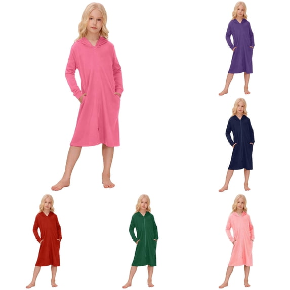 Gunia Teen Girls Nightgown Princess Pajamas Stylish Zip Up With Hood Long Sleeve Fall Winter Night Gowns Pjs Loungewear Pink 11-12 Years