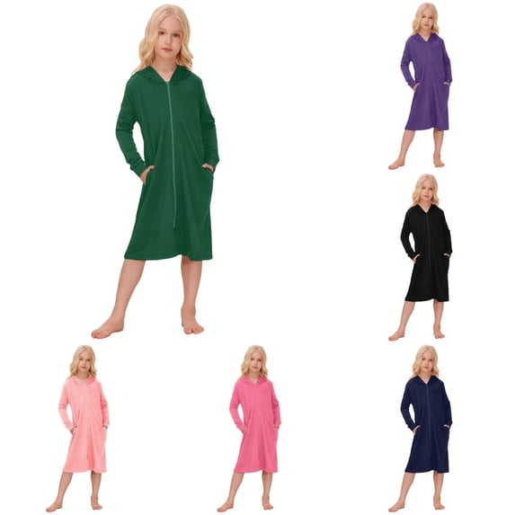 Gunia Teen Girls Nightgowns Pjs For Girls Stylish Zip Up With Hood Long Sleeve Fall Winter Night Gowns Sleepwear Green 13-14 Years