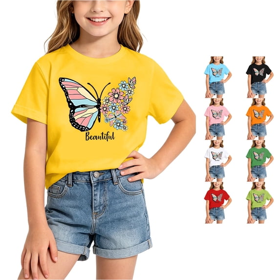 Gunia Teen Girls Tshirts Cute Butterfly Graphic Soft Summer Roundneck Tee For Kids With Print Comfort Fit Top Breathable Blend Shirt T-Shirts Yellow 10-12 Years