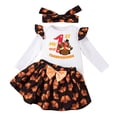 thumbnail image 1 of Gunia Thanksgiving Baby Girl Boy Outfit Letters Printing Flying Sleeve Long Sleeve Romper Short Skirt With Headband 3Pcs Children Suit Girls Outfits,Coffee 9-12 Months, 1 of 7