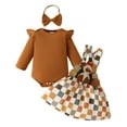 thumbnail image 1 of Gunia Thanksgiving Baby Girl Boy Outfit Long Sleeve Ribbed Romper Bodysuit Plaid Suspender Skirts Girls Outfits,Brown 9-12 Months, 1 of 8
