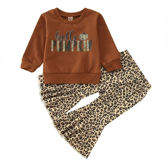 WeeBloom Thanksgiving Baby Girl Boy Outfit Kids Letters Turkey Ruffles Sweatshirt Tops Elastic Waist Flare Pants Bell Bottom Clothes Sets Girls Outfits,Brown 6-12 Months