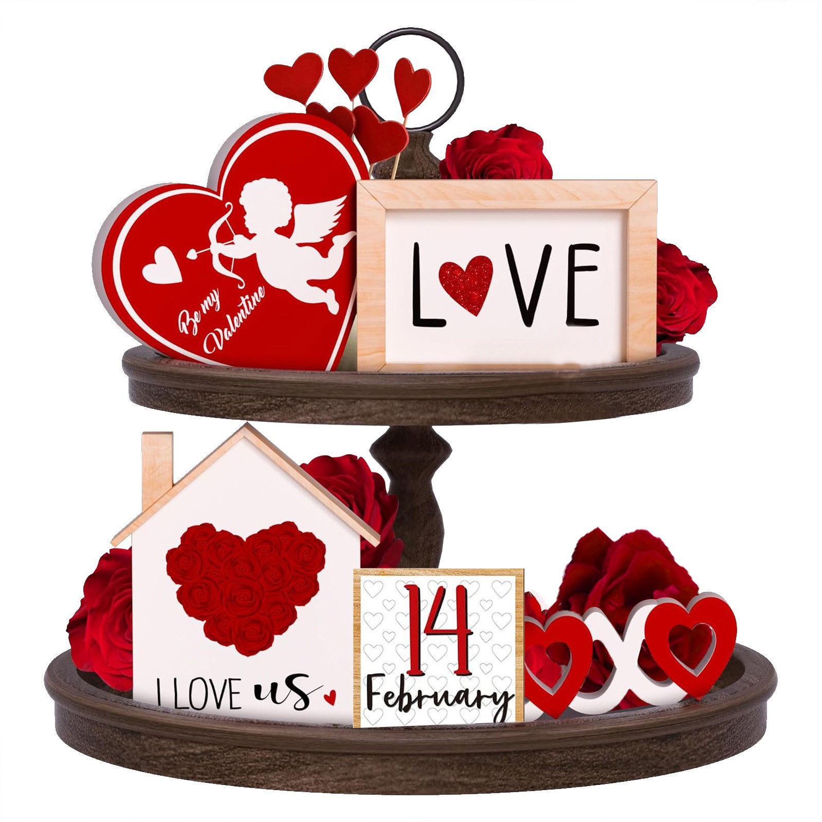 Gunia Tiered Tray Decorations Set Valentines Wooden Beaded Ring Table Farmhouse For Home Kitchen Holiday Atmosphere For Home Layered Pallet Wedding Anniversary Party