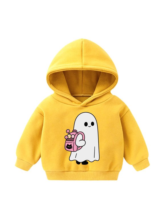 Toddler Boy Girl Halloween Ghost Sweatshirt Long Sleeve Hooded Sweatshirt Cozy Pullover Outerwear For Soft Casual Jacket Tops Clothes Yellow 4-5 Years