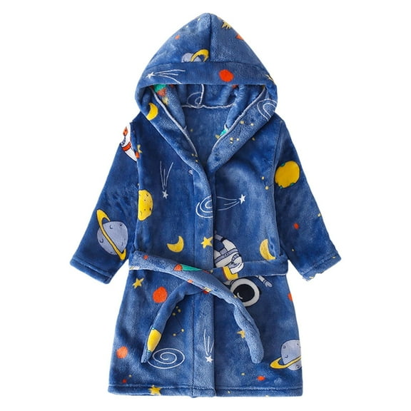Gunia Toddler Boy Pajamas Children Long Sleeved Facecloth Cartoon Hooded With Pockets Warm Robe Homewear Bathrobe Pj'S Blue 3-4 Years