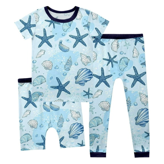 Gunia Toddler Boy Pajamas Outfits Set 2-14 Years Casual With Seashell Print Short Sleeve Shorts Pants 3 Piece Set Comfortable Elastic Waist Kids Boys Loungewear,Light Blue 3-4 Years