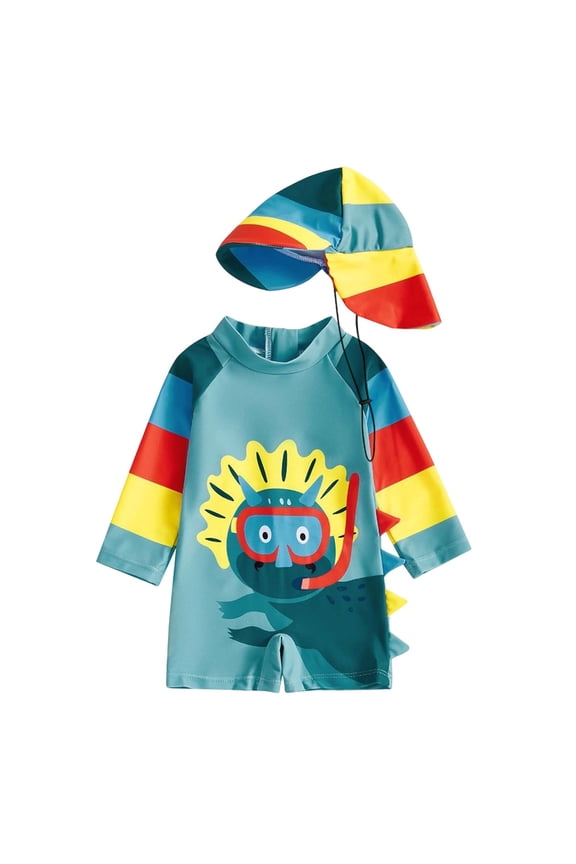 Toddler Boy Swimsuit Swimwear Long Sleeve Cartoon Hooded Summer Play Sun Bathing Suits For Beach Pool 0-4 Years
