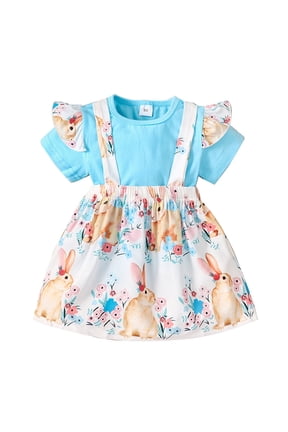 Toddler Girl Easter Outfit Kids Short Ruffled Sleeve T Shirt Tops Cute Cartoon Rabbit Suspender Skirt Set 2Pcs Leisure Girls Clothes Set Outfits 6M-5Y