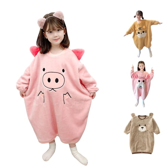 Gunia Toddler Girl Nightgown Pajama Dress Fall Winter Long Sleeve Cartoon Embroidered Fluffy Hoodies Dress Kids Warm Casual Sweatshirt Clothes Tops Night Gowns Pjs Loungewear Pink 2-3 Years
