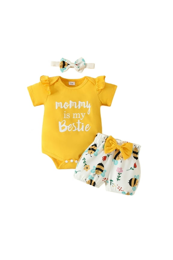 Toddler Girl Outfits Set Mother'S Day Short Sleeve Casual Romper Tops Cartoon Prints Shorts 2Pcs Clothes Sweet 0-3 Months