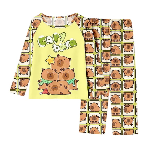 Gunia Toddler Girl Pajamas Capybara Print Long Sleeve Pajama Soft Cute Animal Two Piece Outfit Comfortable Nightwear Children Pj'S Yellow 7-8 Years