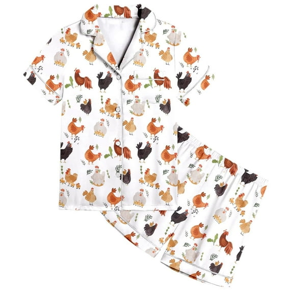 Gunia Toddler Girl Sleepwear,Animal Chicken Pattern Boys Pattern Printed Short Sleeve Button Down Shorts Outfits Relaxed Homewear,2-3 Years