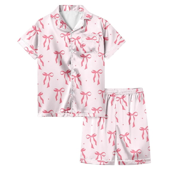 Gunia Toddler Girl Sleepwear,Bowknot Printed Short Sleeved Button Top Shorts Home Set Relaxed Homewear,4-5 Years