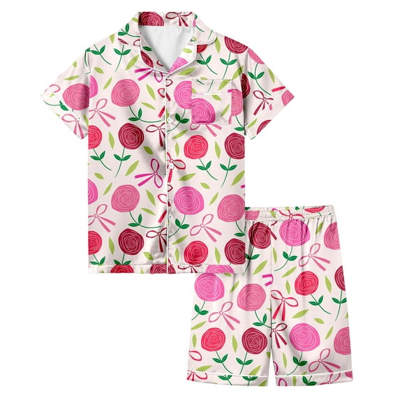 Gunia Toddler Girl Sleepwear,Bowknot Printed Short Sleeved Button Top Shorts Home Set Skin-Friendly Homewear,8-9 Years