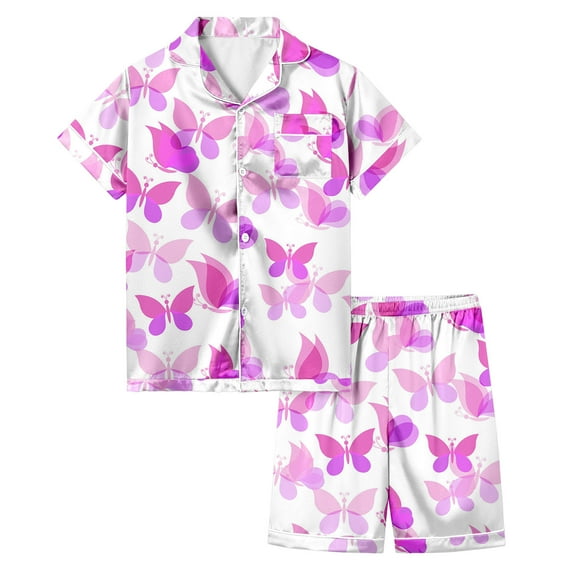 Gunia Toddler Girl Sleepwear,Butterflies Printed Short Sleeved Button Top Shorts Home Set Cute Homewear,4-5 Years
