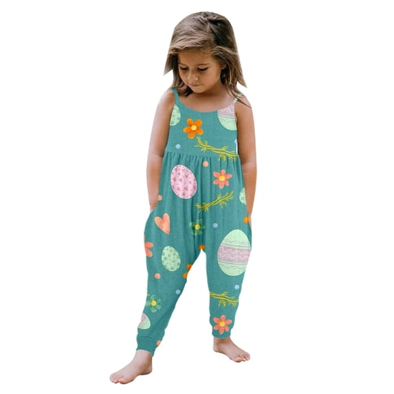 Gunia Toddler Girls Easter Jumpsuit Outfits Bunny Egg Print Sleeveless Harem Outfit Cute One Piece Overalls Pants 1-6 Years