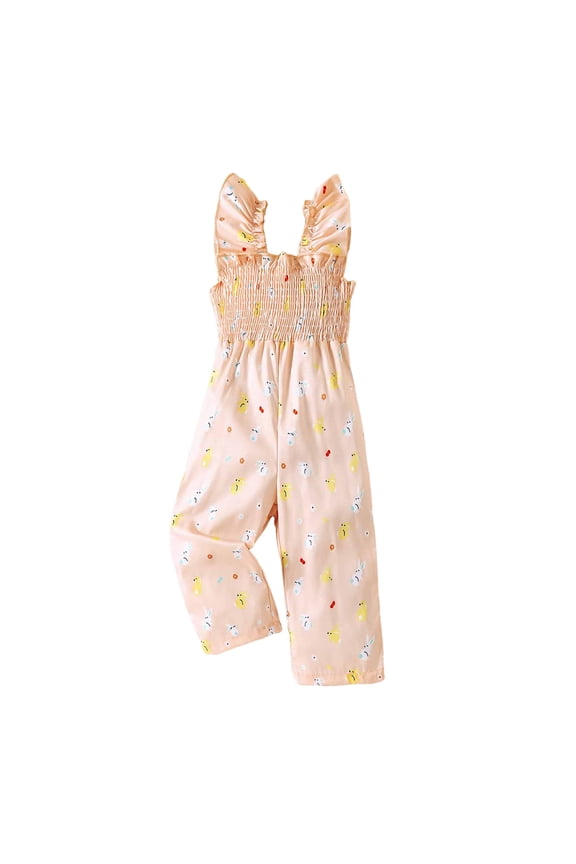Toddler Girls Easter Jumpsuit Outfits Sleeveless Cartoon Bunny Egg Print Cute One Piece Overalls Pants 6M-4Y