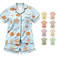 thumbnail image 1 of Gunia Toddler Girls Halloween Pajama Set Pumpkin Graphic 2 Piece Spring Fall Casual Lapel Button Up Short Sleeve Tops And Shorts Home Wear Pjs Loungewear Light Blue 2-3 Years, 1 of 4