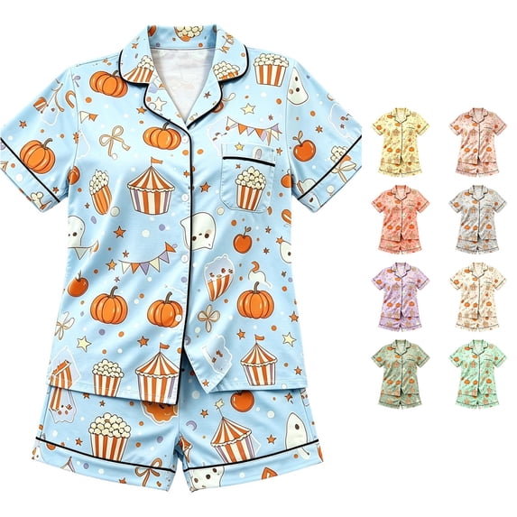 Gunia Toddler Girls Halloween Pajama Set Pumpkin Graphic 2 Piece Spring Fall Casual Lapel Button Up Short Sleeve Tops And Shorts Home Wear Pjs Loungewear Light Blue 2-3 Years