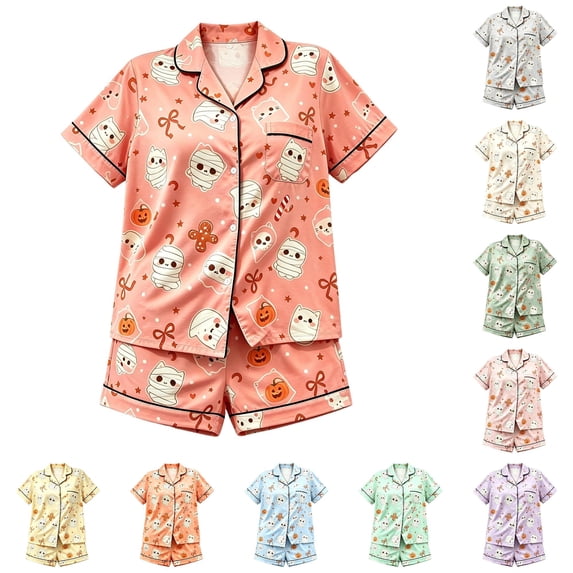 Gunia Toddler Girls Halloween Pajamas 2 Piece Spring Fall Casual Lapel Button Up Short Sleeve Tops And Shorts Home Wear Pjs Loungewear Orange 2-3 Years