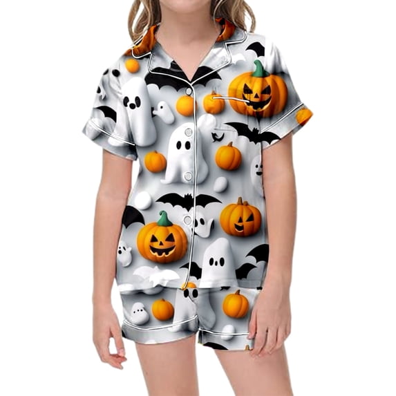 Gunia Toddler Girls Halloween Pajamas Pumpkin Graphic Button Up Short Sleeve Ghost Printed Pajamas Top With Elastic Waist Shorts 2 Piece For Kids Pjs Sleepwear White 2-3 Years
