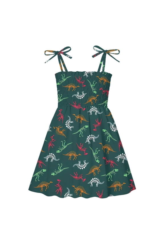 Toddler Girls Hawaiian Dress Sleeveless Dinosaur Prints Dance Party Clothes Sundress For Holiday Beach Army Green Dress For Girls 1-5 Years