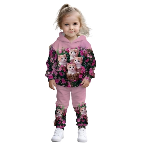 Gunia Toddler Girls Hoodie And Jogger Set 2 Piece Athletic Outfits Set Cartoon Cat Print Sweatsuits Tracksuit Fall Winter Clothes,Size 1-8 Years