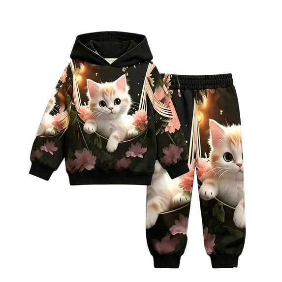 Gunia Toddler Girls Hoodie And Joggers 2 Piece Athletic Outfits Set Cartoon Cat Print Tracksuits Sweatsuit Fall Winter Clothes,Size 1-8 Years