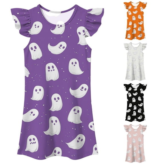 Gunia Toddler Girls Nightgown Princess Pajamas Halloween Ghost Flutter Sleeve Nightgown Summer Casual Cartoon Digital Print Dress Night Gowns Pjs Loungewear Purple 4-5 Years