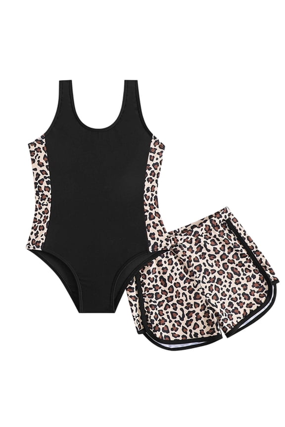 Toddler Girls Swimsuit Summer Little Loose Fitting Tank Top and Shorts With Leopard Print On The Side Two Piece Set Swimwear Poolside Black 4-5 Years