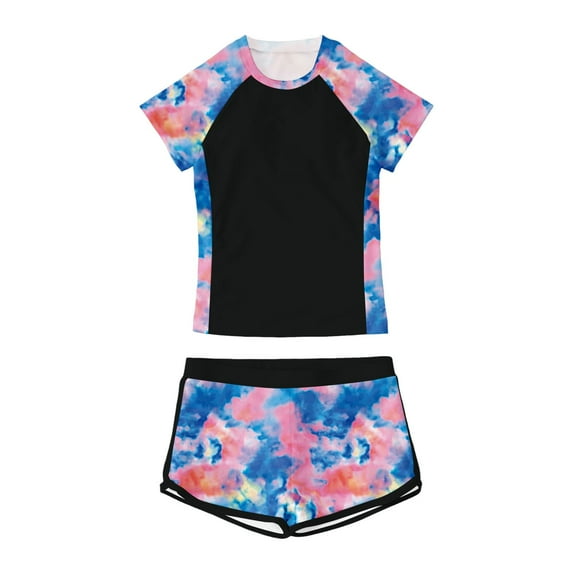 Gunia Toddler Girls Swimsuit Two Piece Set Summer Beach Pool Outfit Floral Print Round Neck Bikini Top With Shorts Teen Girls Swimwear Poolside Black 13-14 Years