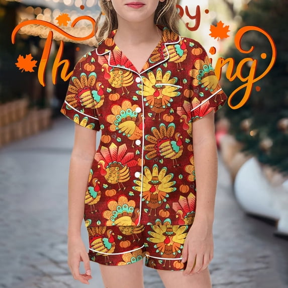 Gunia Toddler Girls Thanksgiving Pajamas Silk Satin Turkey Short Sleeve Button Down Top And Shorts 2 Piece Fall Pjs Loungewear