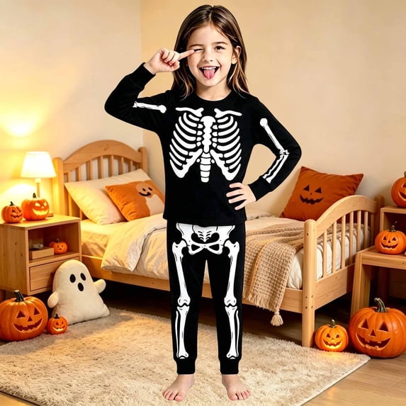 Gunia Toddler Halloween Pajamas Boys Girls Skeleton Print Long Sleeve Top And Pants 2 Piece Pj'S Sleepwear Pjs Black
