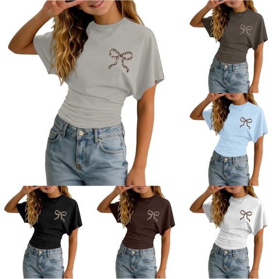 Gunia Tshirt For Teen Girls Cute Bow Short Sleeve Tighten Waist Crew Neck Stylish Graphic Print Casual Tops Tee Grey 9-10Years