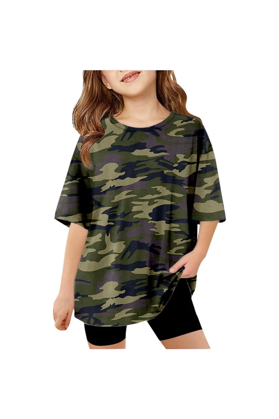 Tshirt For Little Girls Como Lightweight Kids Casual Tee Summer Short Sleeves Crew Neck Oversized Breathable Blend Tops T-Shirts Army Green 5-6 Years