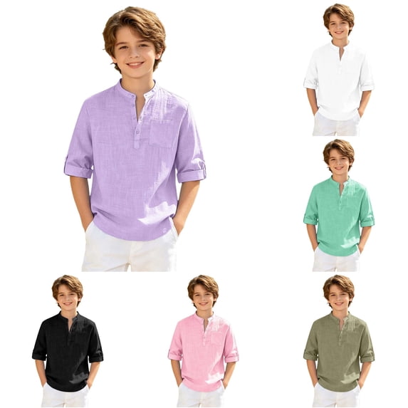 Gunia Tshirt Teen Boys Summer Loose Fit Mandarin Collar Shirt With Pocket Gentle Tops Kids Lightweight Tee Purple 9-10 Years