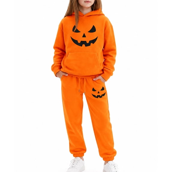 Gunia Unisex Kids Halloween Tracksuit Dress Up Orange Pumpkin Pullover Hooded Sweatshirt And Jogger Sweatpants Sweatsuits Clothes Set For Boys Girls,Size 2-13 Years
