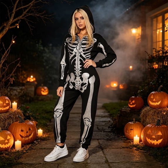 Gunia Unisex Skeleton Hooded Onesie For Adult Pajamas Halloween Jumpsuit Zip Up Pjs Loungewear Cosplay Role Play Funny Dress-Up Outfits Holiday Party Wear