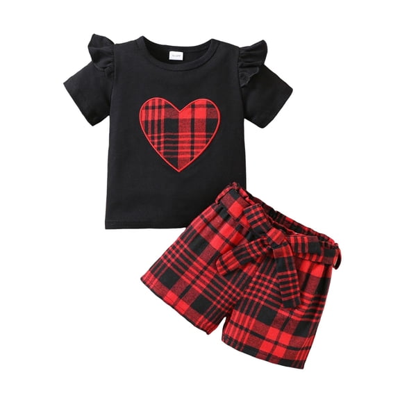 Gunia Valentines Day Outfit Baby Girl Floral Applique Heart Print Puff Sleeve Top With Bow Belt Plaid Shorts Two Piece Party Comfy Girls Clothes Set Outfits 1-8 Years