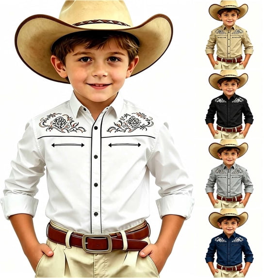 Gunia Western Cowboy Shirts For Boys Children Fashion Chest Print Casual Large Sized Long Sleeved Collar Shirt Boys Tshirts White 6-7 Years