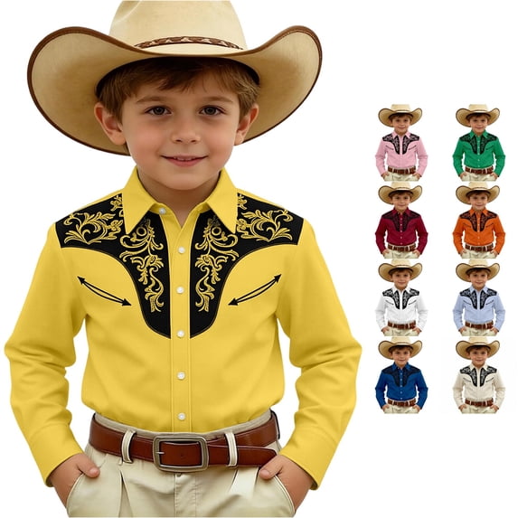 Gunia Western Cowboy Shirts For Boys Denim Button Long Sleeve Casual Tops Boys T-Shirts Yellow 12-13 Years